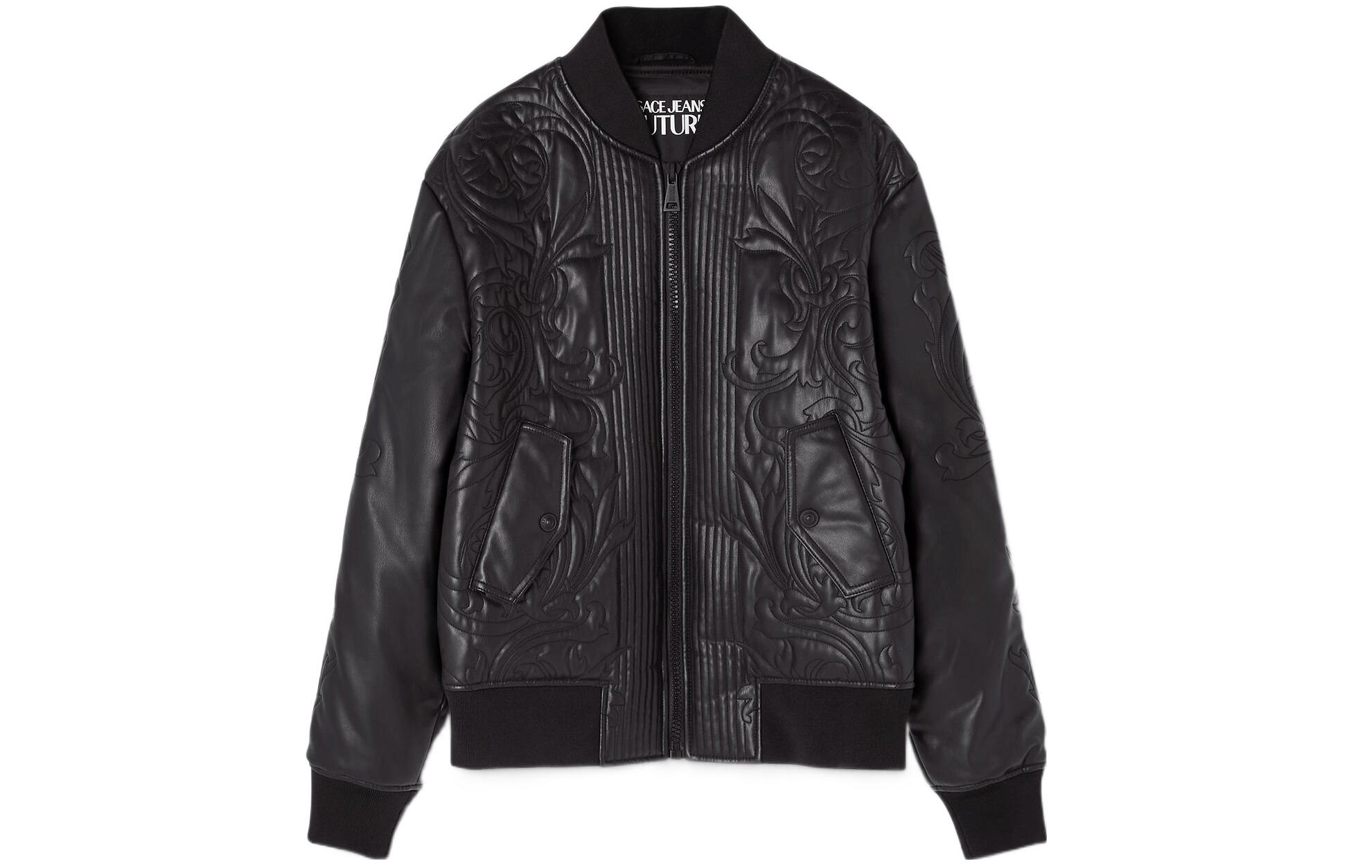 Versace Plain Embroidered Ribbed Collar Zipper Bomber Jacket Black E73GAS408-ECNECJ-E899