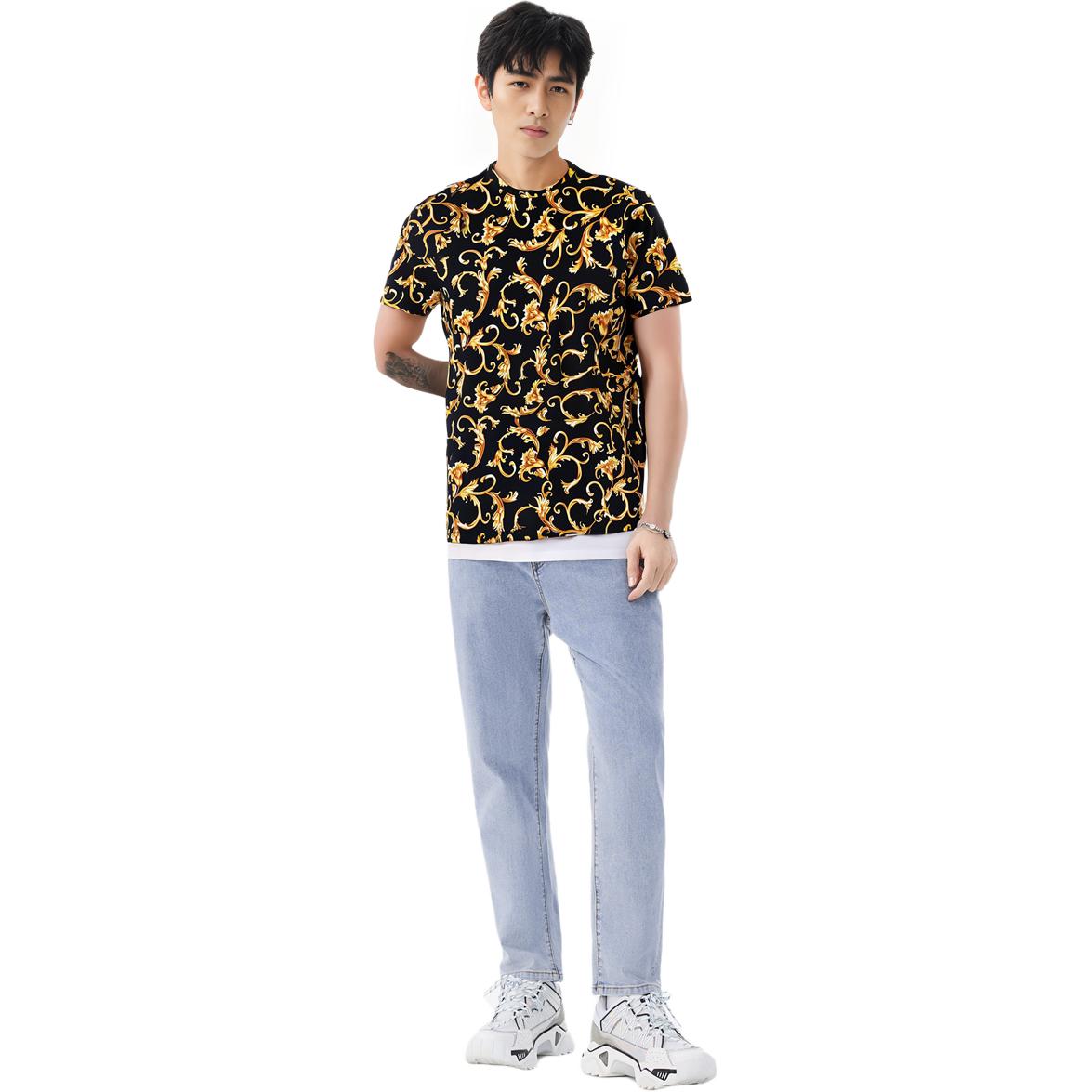 Shop ヴェルサーチ プリント クルーネック 半袖 Tシャツ ブラック ファッションTシャツ A89503S-1F01778-5B090