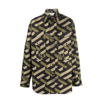 VERSACE Printed Gabardine Long-Sleeve Shirt Khaki 10022031-A01679-5B160