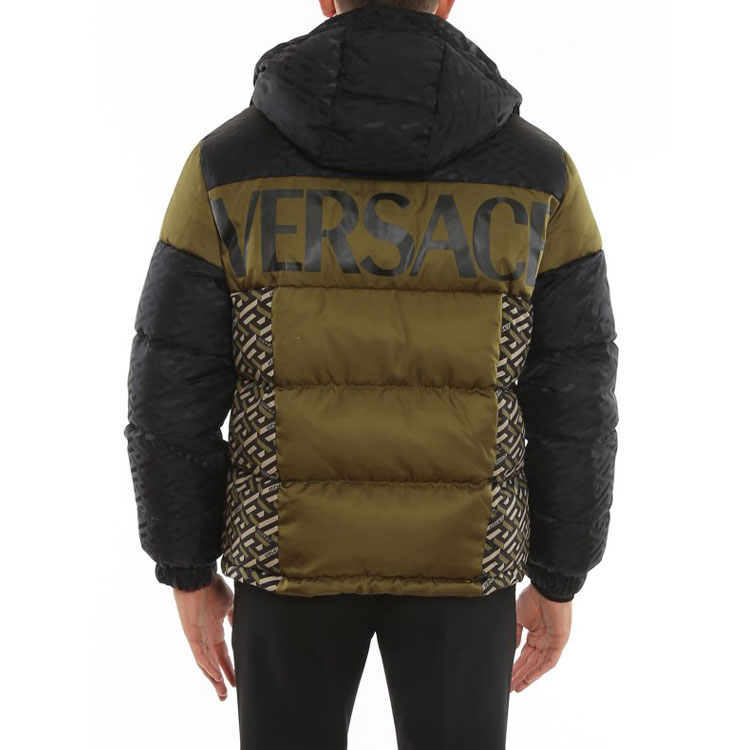 Shop VERSACE Printed Patchwork Hooded Down Jacket Multicolor for Men. 10026451-A018132-K030
