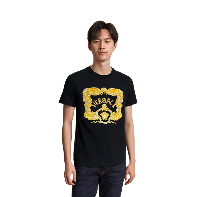 Purchase 베르사체 SEASHELL BAROQUE SS23 로고 그래픽 티셔츠 블랙 티셔츠 1011049-1A08037-1B000