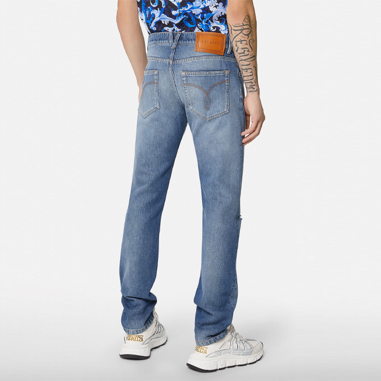 Shop VERSACE Slim Fit Distressed Straight Jeans Blue. 1000578-1A00544-2D110