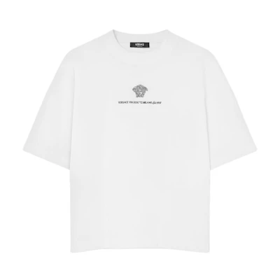 Versace Solid Color Logo Embroidery Crewneck Short Sleeve T-Shirt White SS24 1015738-1A11054-1W000
