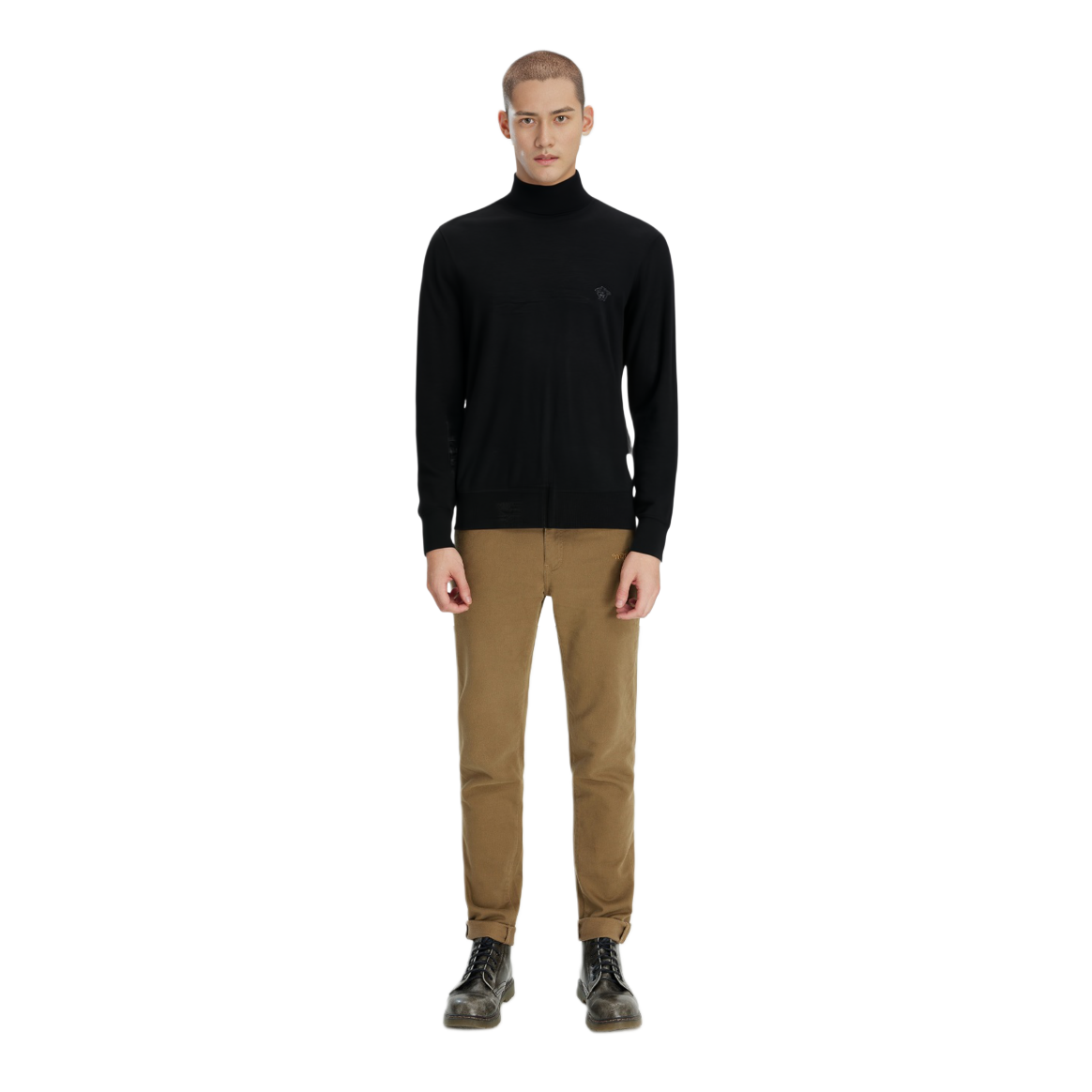 Shop VERSACE Solid Color Turtleneck Long Sleeve Tee  Black. 1011344-1A07614-1B000