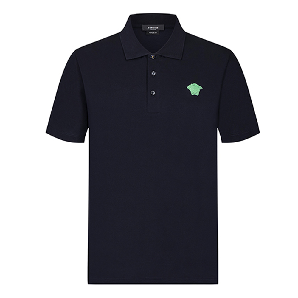 VERSACE Solid Logo Cotton Short Sleeve Polo Shirt Navy Blue. A87427-A237141-2U190