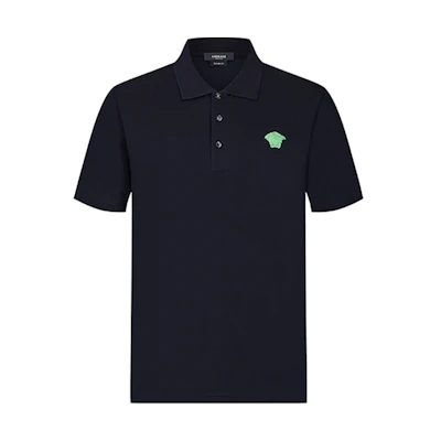 VERSACE Solid Logo Cotton Short Sleeve Polo Shirt Navy Blue. A87427-A237141-2U190