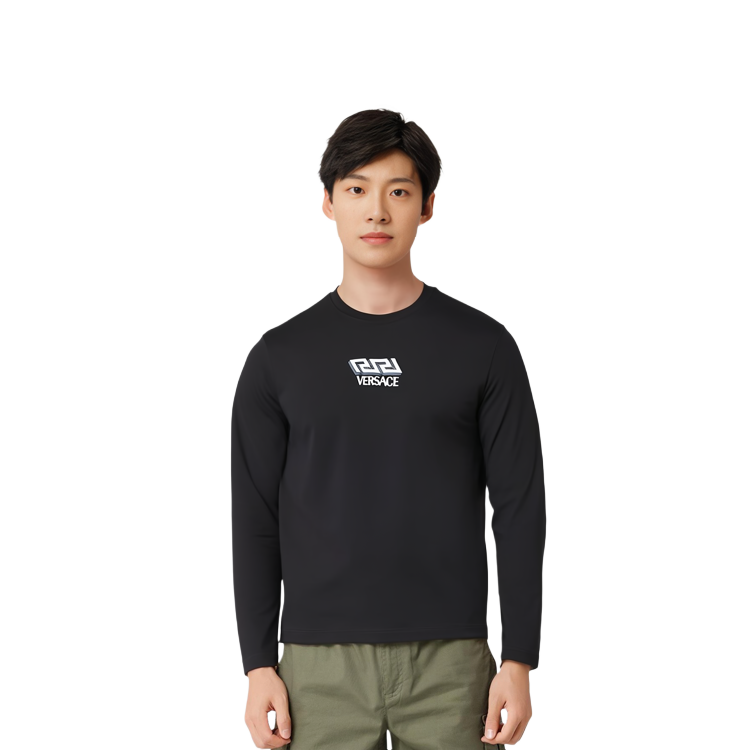 Shop ヴェルサーチ ソリッド 長袖 Tシャツ ブラック 1002740-1A01814-1B000