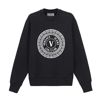 Versace SS21 Round Logo Print Crewneck Sweatshirt Black B7GWA7TT-30318-899