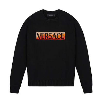 VERSACE SS22 Black Crewneck Pullover Sweatshirt with Logo Print. 1003622-1A02492-1B000