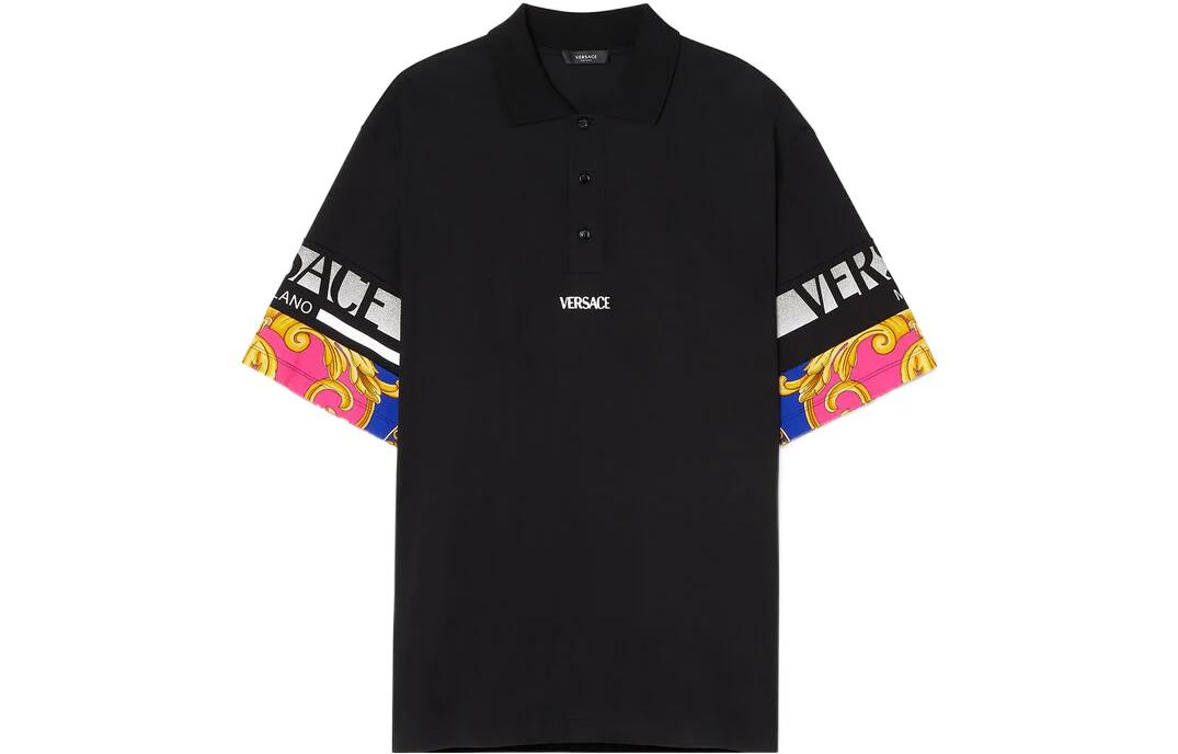VERSACE SS22  Black Floral Letter Print Short Sleeve Polo Shirt 1006467-1A04465-2B510