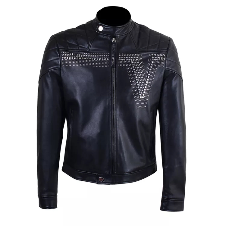 VERSACE SS22  Black Leather Jacket with Studded Zipper Design. V400275-VP00072-V1008