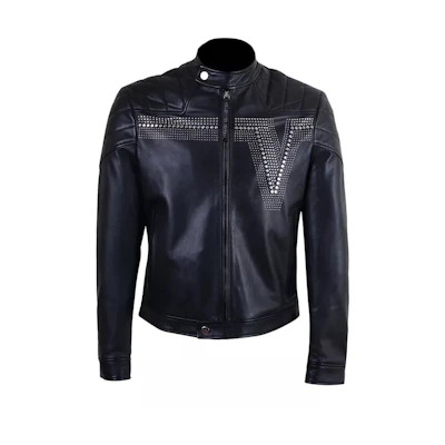 VERSACE SS22 Black Leather Jacket with Studded Zipper Design. V400275-VP00072-V1008