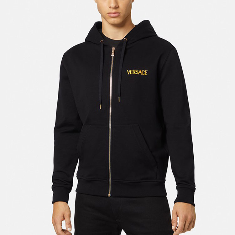 Shop VERSACE SS22  Black Logo Embroidered Zip-Up Sweatshirt 1004014-1A02893-1B000