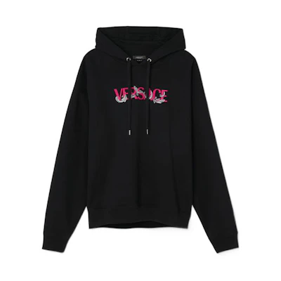 VERSACE SS22 Black Logo Print Pullover Hoodie. 1006498-1A04509-1B000
