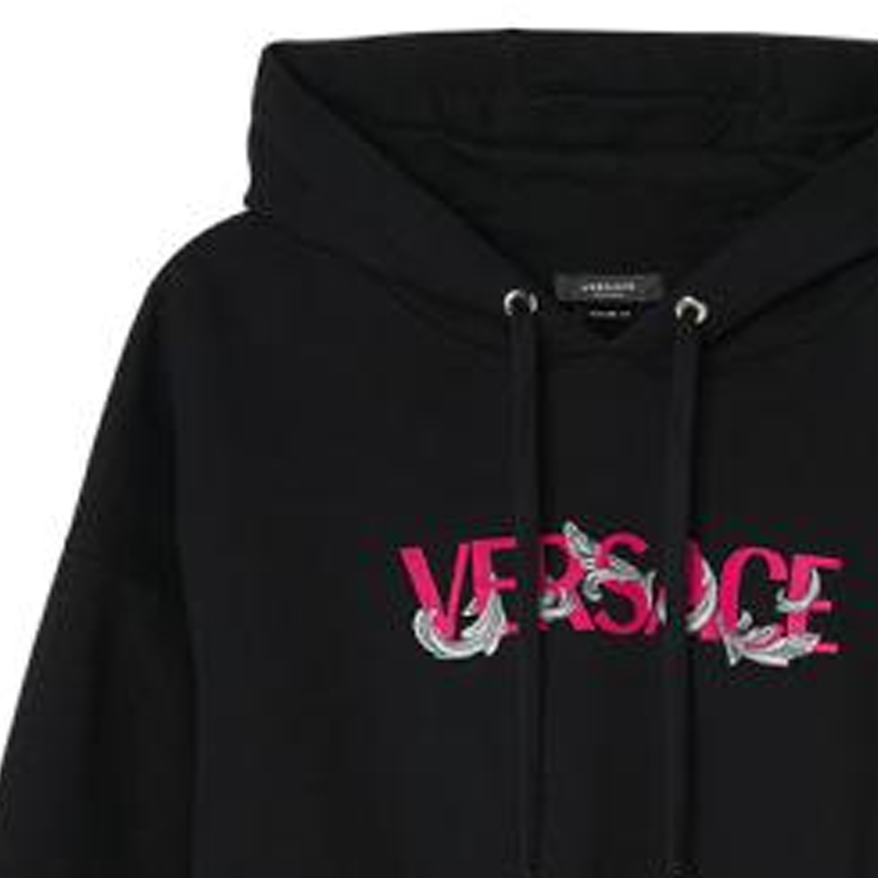 Sizing VERSACE SS22 Hoodie Hitam Logo Print Pullover. 1006498-1A04509-1B000