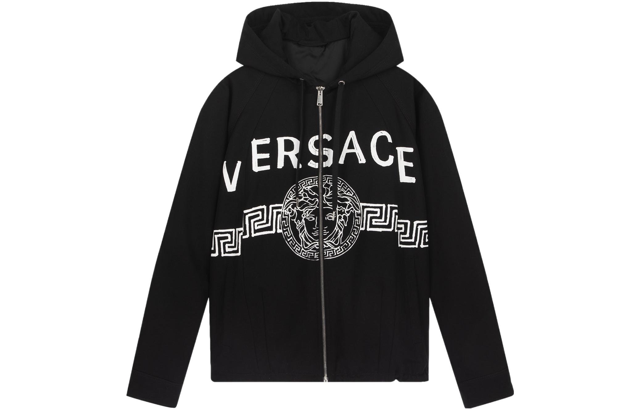 VERSACE SS22  Black Logo Print Zip-Up Hoodie Jacket. A89026-1F00930-1B000