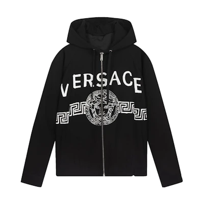VERSACE SS22 Black Logo Print Zip-Up Hoodie Jacket. A89026-1F00930-1B000