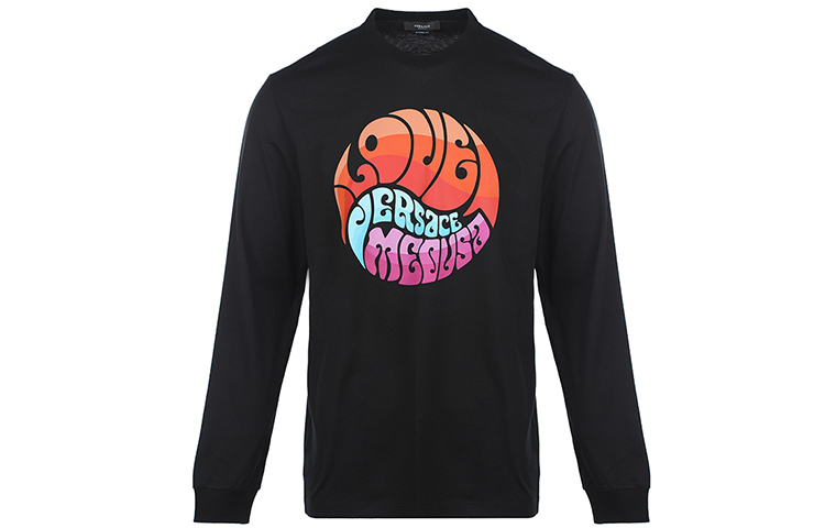 VERSACE SS22  Black Long Sleeve T-Shirt with Chest Logo Print 1003626-1A02516-1B000