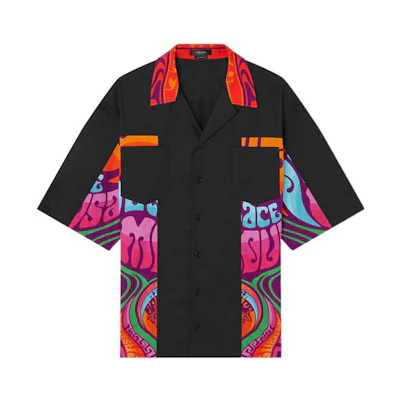 VERSACE SS22 Black Pattern Print Short Sleeve Button-Down Shirt. 1003918-1A02141-5B010