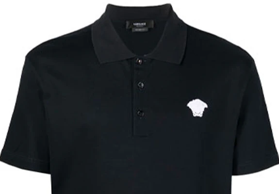 VERSACE SS22 Baju Polo Hitam dengan Warna Solid dan Sulaman Logo A87427-1A04869-2U220 Details for VERSACE SS22 Baju Polo Hitam dengan Warna Solid dan Sulaman Logo A87427-1A04869-2U220