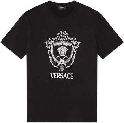 베르사체 SS22 블랙 프린트 코튼 반팔 티셔츠 1005684-1A03990-1B000 Buy 베르사체 SS22 블랙 프린트 코튼 반팔 티셔츠 1005684-1A03990-1B000