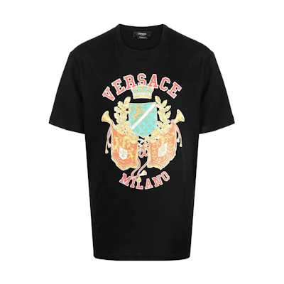 VERSACE SS22 Black Printed Logo Short Sleeve T-Shirt. 1005188-1A03480-1B000