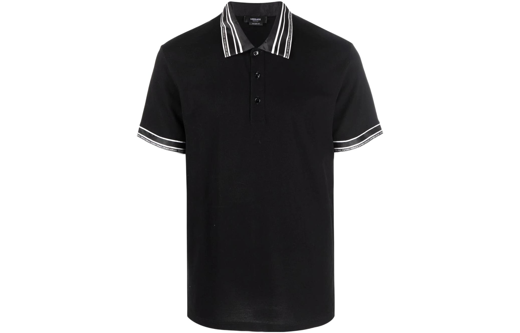 Order VERSACE SS22  Black Short-Sleeve Polo Shirt with Solid Cuff Stripes 1005195-1A03487-1B000