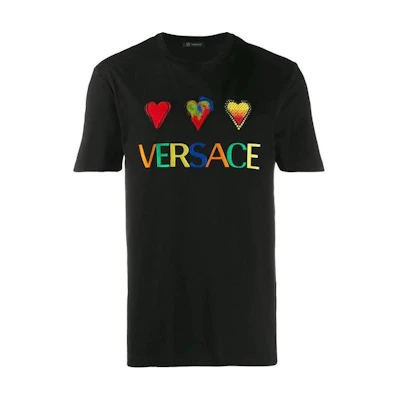 VERSACE SS22 Black T-Shirt with Logo Heart Print Crew Neck Design. A83585-A224589-A008
