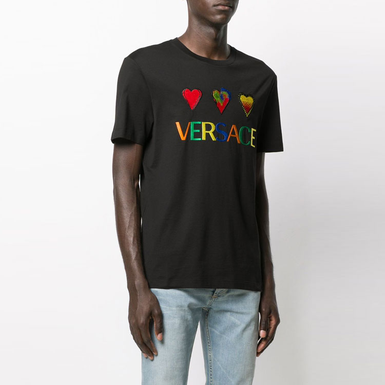 Purchase VERSACE SS22  Black T-Shirt with Logo Heart Print Crew Neck Design. A83585-A224589-A008