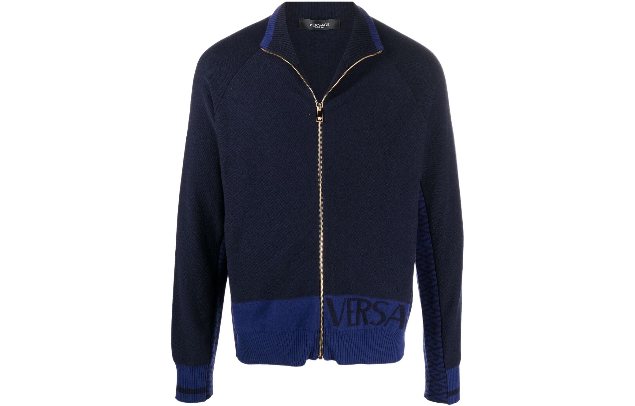 VERSACE SS22  Black Wool Jacquard Logo Knit Cardigan Sweater. 1003619-1A02488-1U830