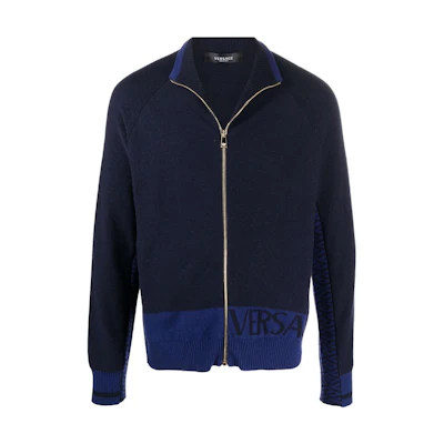 VERSACE SS22 Black Wool Jacquard Logo Knit Cardigan Sweater. 1003619-1A02488-1U830