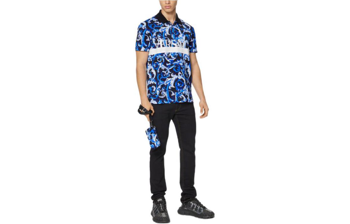 VERSACE SS22  Blue Graffiti Letter Print Relaxed Fit Polo Shirt 1001900-1A01542-5U040
