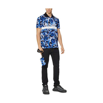 VERSACE SS22 Blue Graffiti Letter Print Relaxed Fit Polo Shirt 1001900-1A01542-5U040