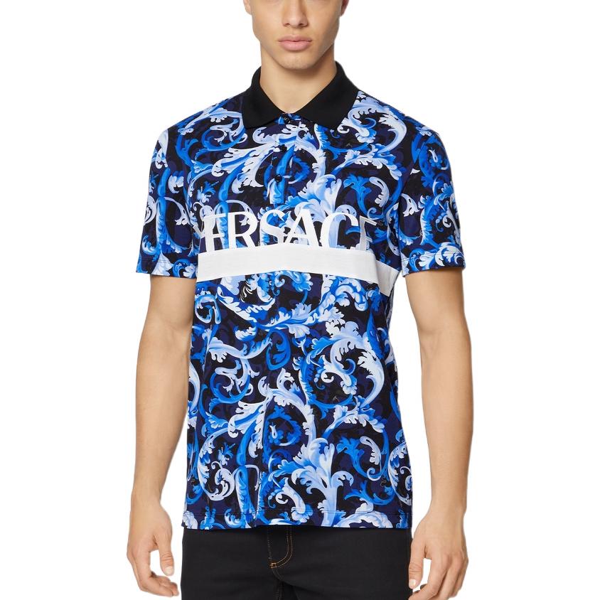 Shop VERSACE SS22  Blue Graffiti Letter Print Relaxed Fit Polo Shirt 1001900-1A01542-5U040