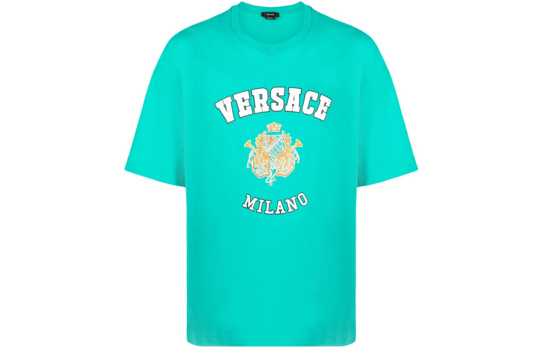 Order VERSACE SS22  Green Short Sleeve Crewneck T-Shirt with Logo Badge. 10051701-A03467-1V560