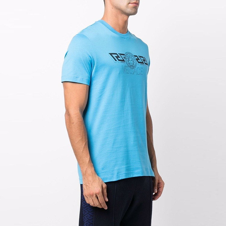 Shop VERSACE SS22  Logo Print Short Sleeve T-Shirt Blue 1003906-1A02800-1V440