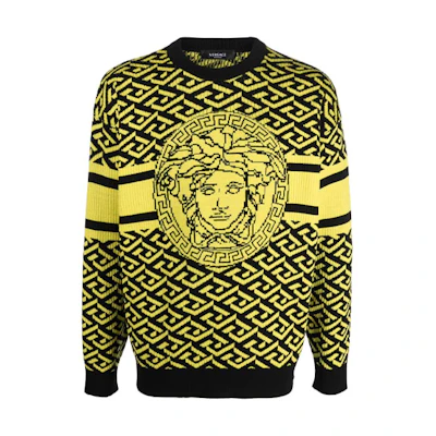 Versace SS22 Yellow Crewneck Slim Fit Pullover Long Sleeve Sweater 1003621-1A02495-5Y090