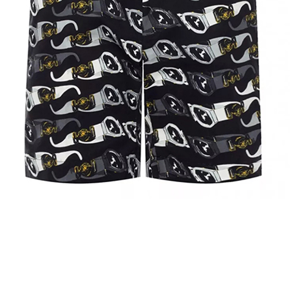 Sizing VERSACE SS22 全印花黑色海灘短褲. A86098--A233926-A7008