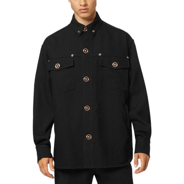 Shop VERSACE SS22 Baju Hitam Berkancing Kasual Lengan Panjang Lelaki 1004062-1A01703-1B000