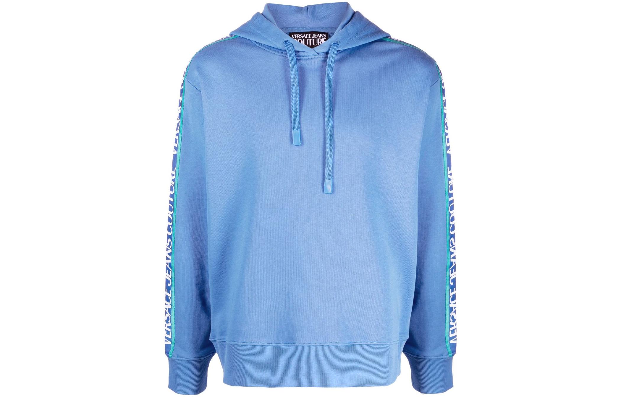 Versace SS22 Blue Logo Drawstring Hoodie with Side Logo Tape 72GAI3H6-F0010-230