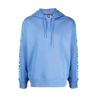 Versace SS22 Blue Logo Drawstring Hoodie with Side Logo Tape 72GAI3H6-F0010-230