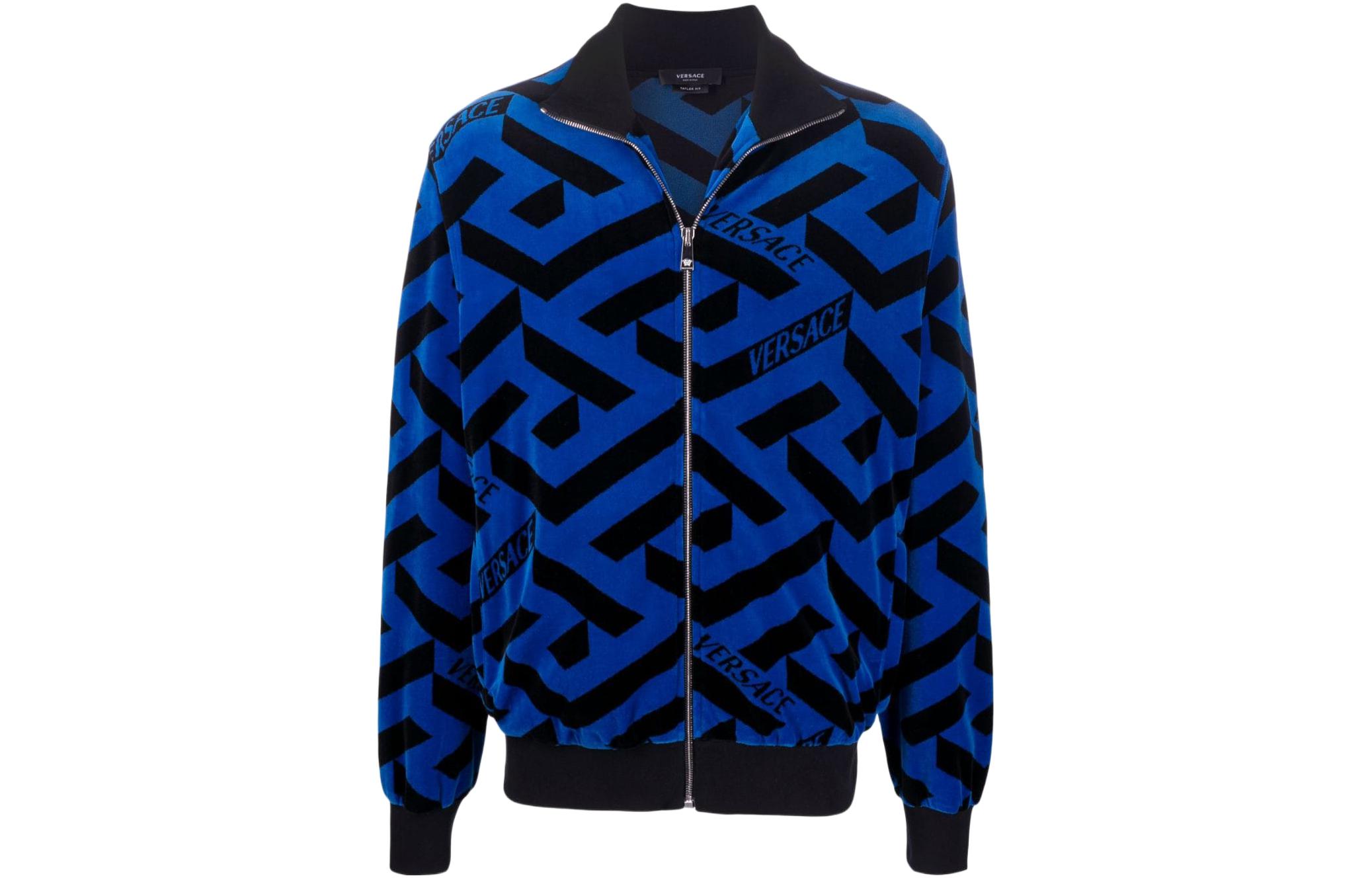 Versace SS22 Geometric Logo Print Striped Zip-Up Jacket Blue Menswear 1004033-1A02922-32505