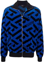Versace SS22 Geometric Logo Print Striped Zip-Up Jacket Blue Menswear 1004033-1A02922-32505 Versace SS22 Geometric Logo Print Striped Zip-Up Jacket Blue Menswear 1004033-1A02922-32505