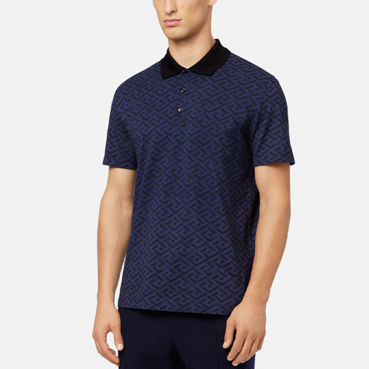 Shop VERSACE SS22 Geometric Pattern Short Sleeve Polo Shirt Men’s Blue 1004083-1A02978-5U040