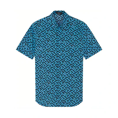 VERSACE SS22 Geometric Print Short Sleeve Shirt Blue Fashion. 1003922-1A02796-5V100