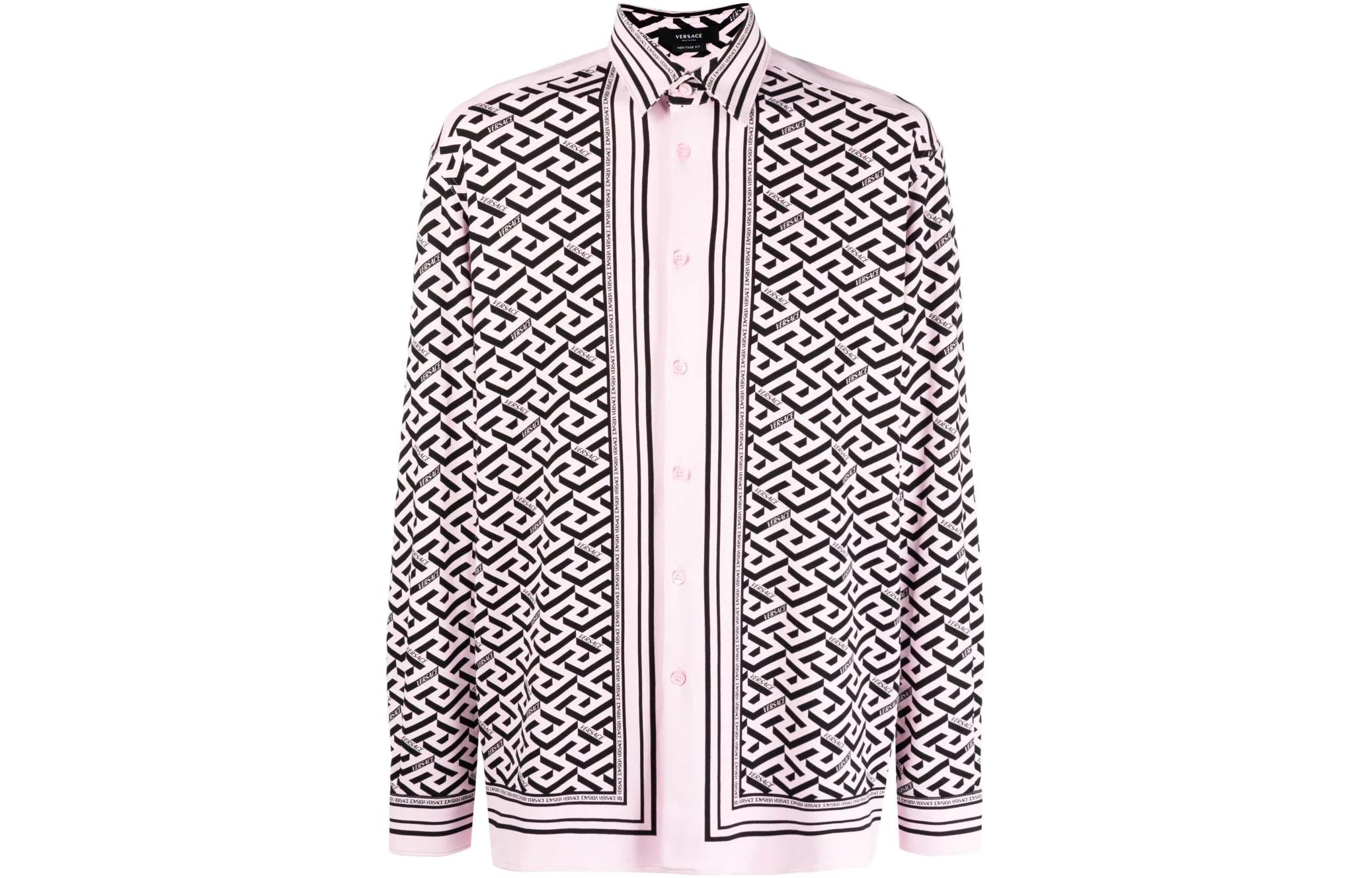VERSACE SS22 Greek Print Silk Long-Sleeve Shirt Pink Men’s 1003939-1A02372-5P210