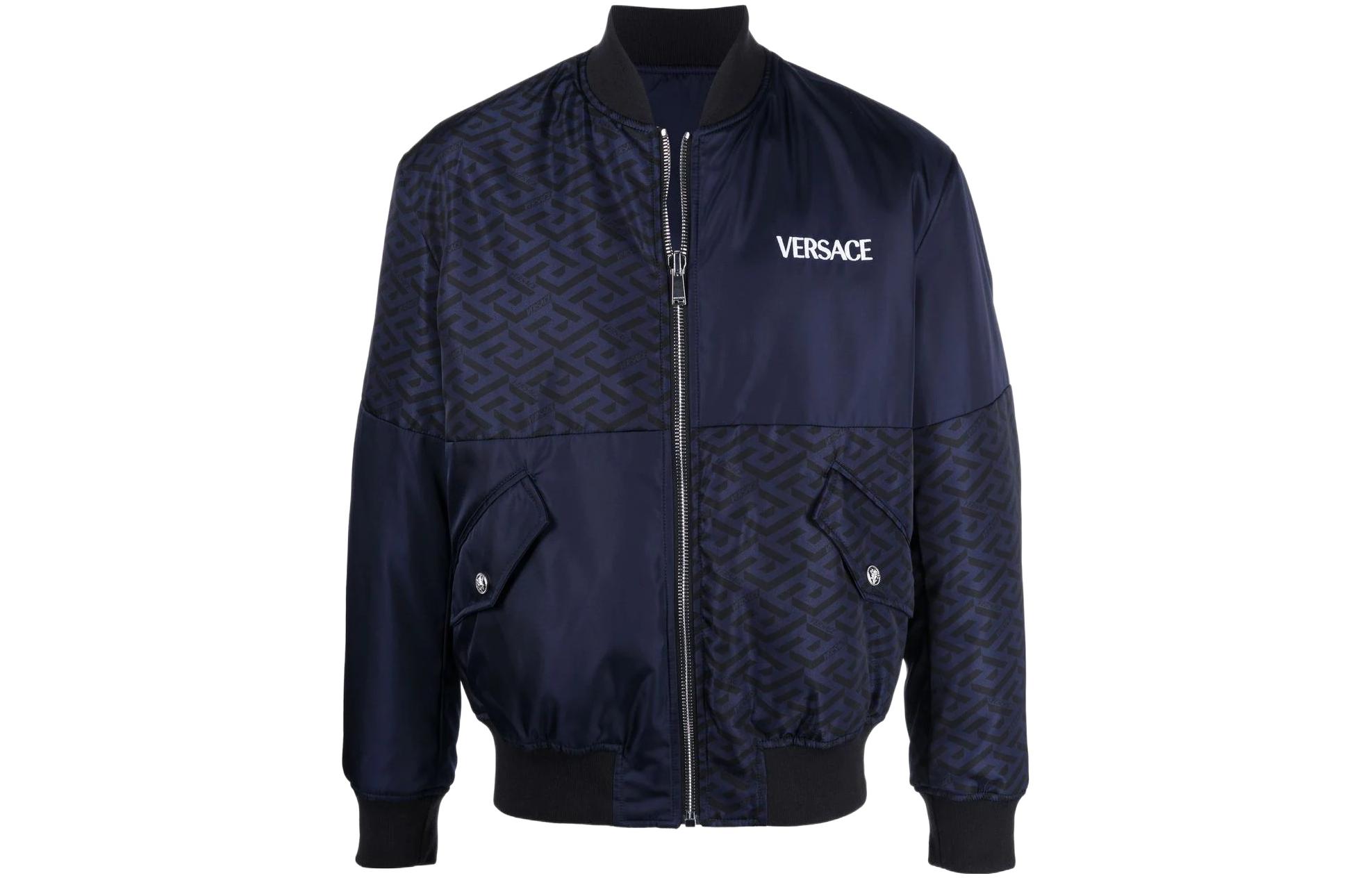 Versace SS22 La Greca Logo Print Patchwork Bomber Jacket Men’s Blue 1004024-1A02915-5U040