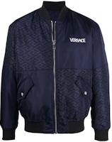 Versace SS22 La Greca Logo Print Patchwork Bomber Jacket Men’s Blue 1004024-1A02915-5U040 Versace SS22 La Greca Logo Print Patchwork Bomber Jacket Men’s Blue 1004024-1A02915-5U040