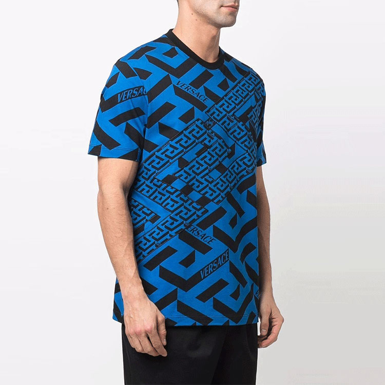 Purchase VERSACE SS22 La Greca Print Sapphire Blue Short Sleeve Tee Men 1003393-1A02351-5U290