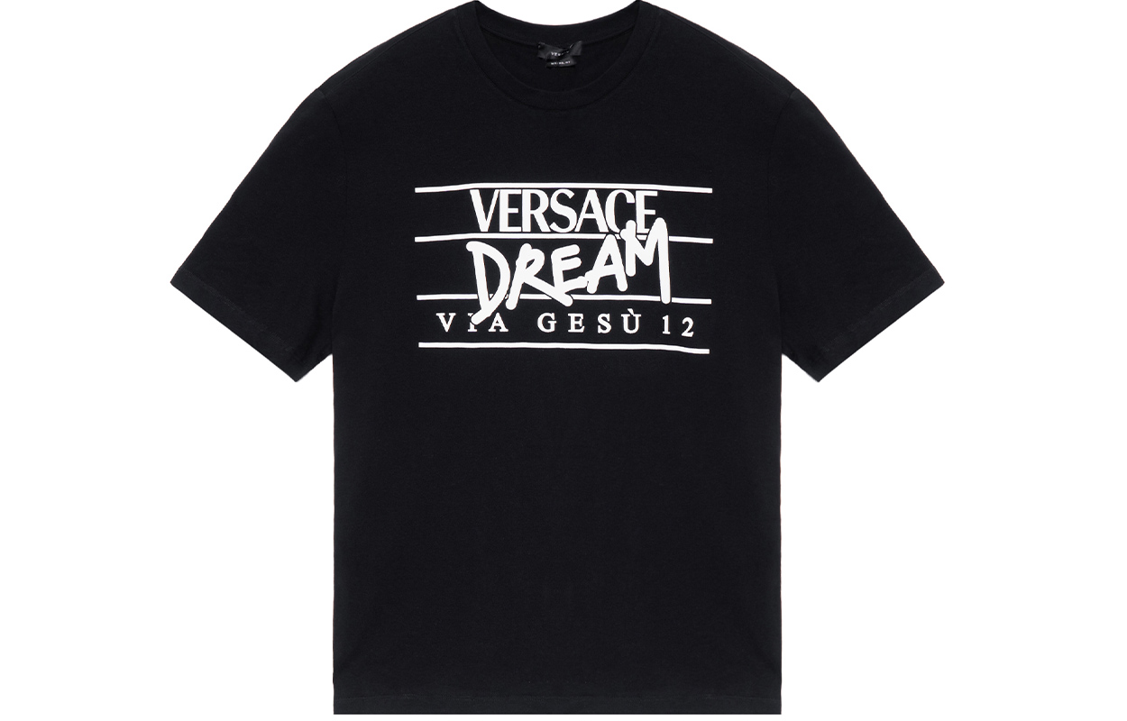 VERSACE SS22 Letter Print Black Short Sleeve Round Neck T-Shirt Men 10057831-A04025-1B000